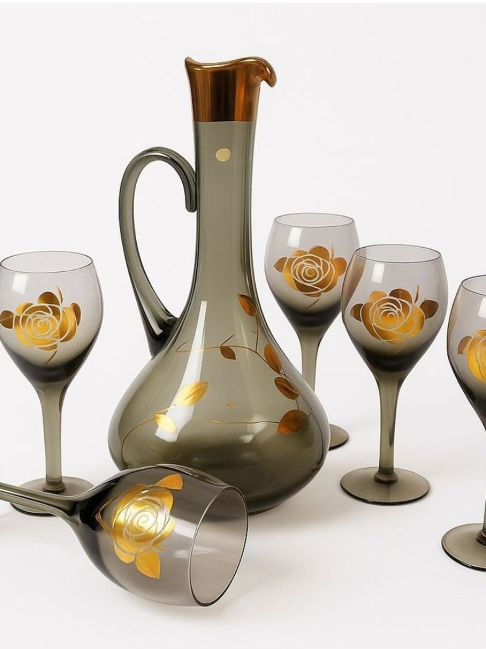 Vintage MCM Smoked Glass Barware Set Pitcher 5 Wine Glasses Gold Floral Hungary